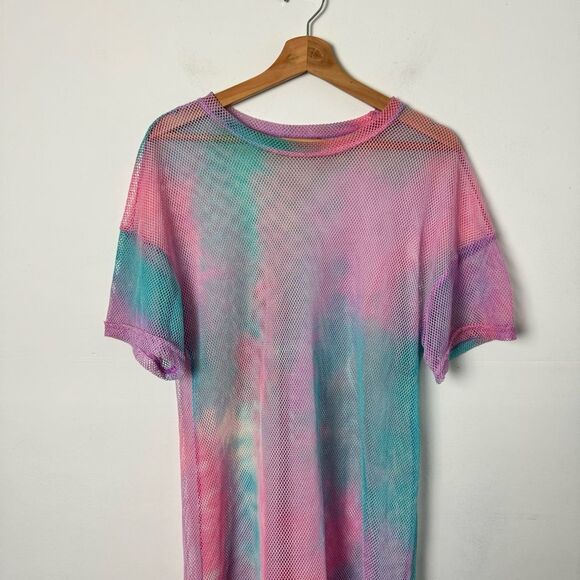 Pastel Rainbow Pink Blue Fishnet Mesh Swim Cover Up and Festival Dress One Size - Picture 5 of 13